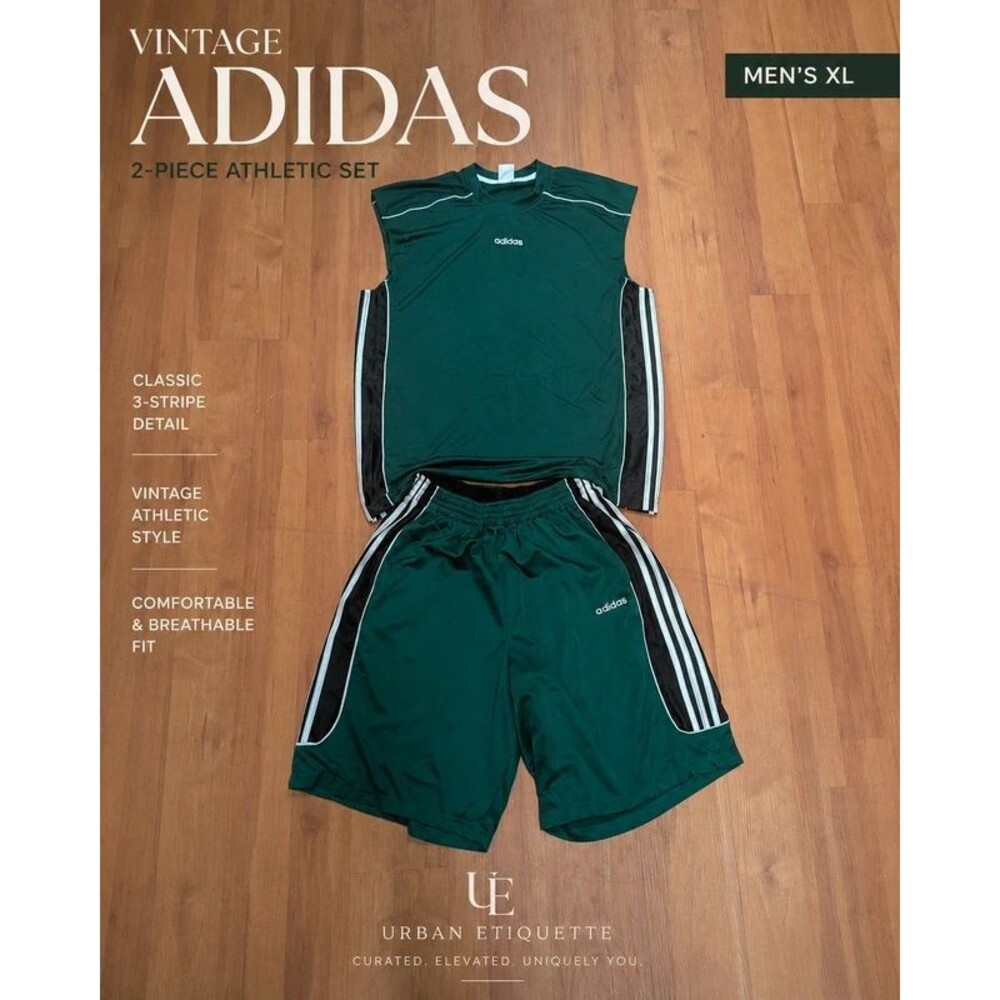 Vintage Adidas Green Black 3 Stripe Shorts & Sleeveless Shirt Set